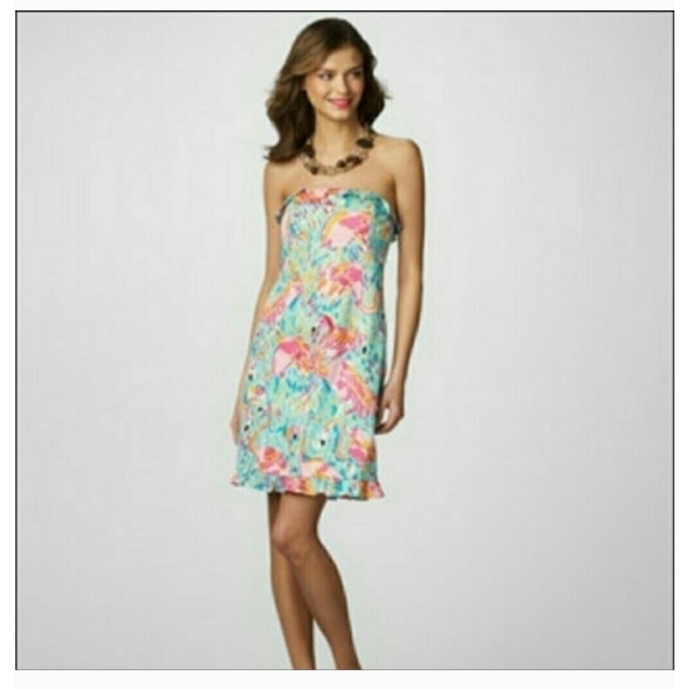 Lilly Pulitzer Wyatt Strapless Ruffle Flamingo Dress in Pink Aqua Size 0